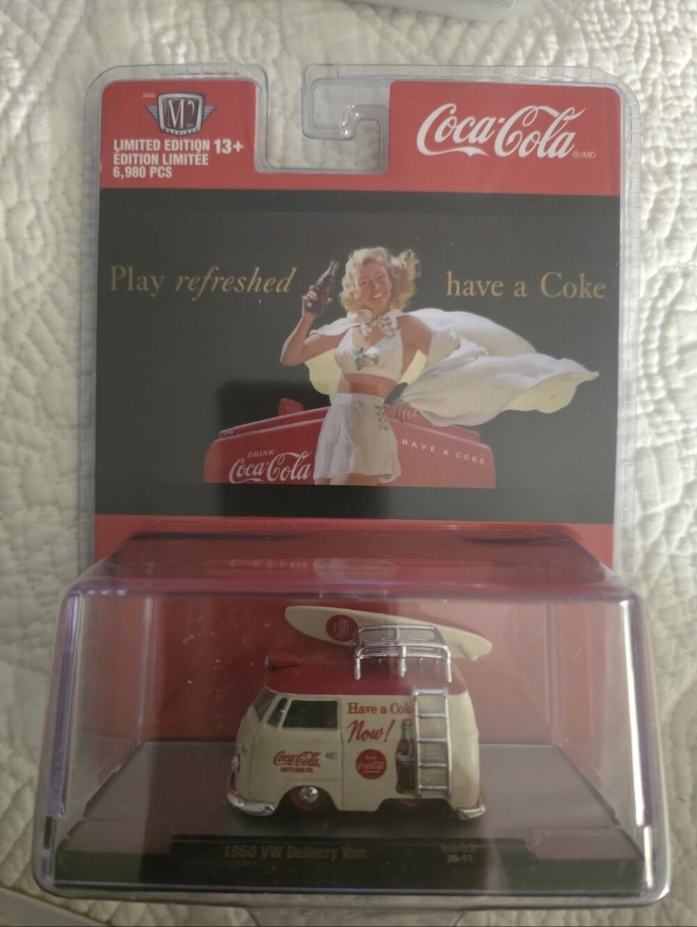 Coca-Cola Cream & Red 1950 VW Delivery Van Diecast with Surfboard